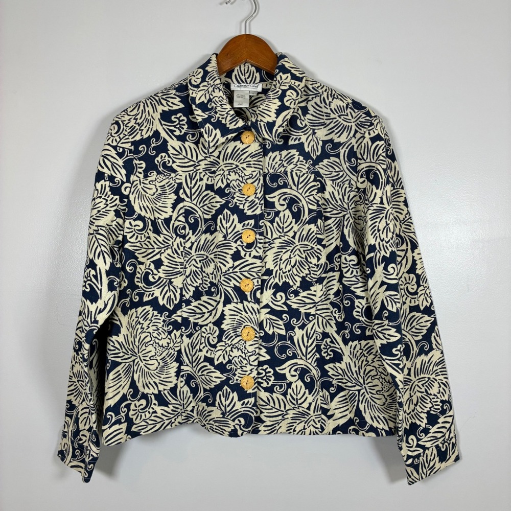 Coldwater Creek Jacket L Blue Floral Cotton Artsy Woven Coastal Boho Casual Chic